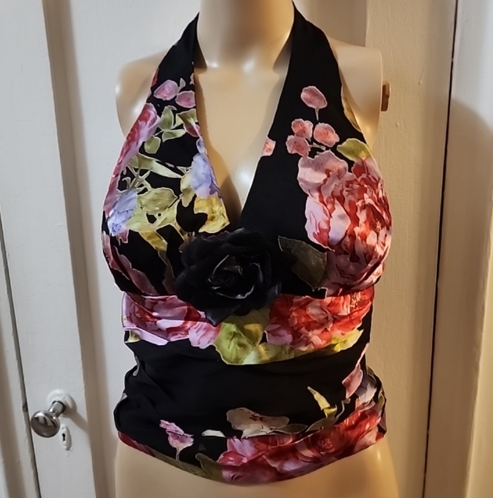 SATIN HALTER TOP black/red/pink/green floral print Silk Blend Size XS/2/4 NWOT